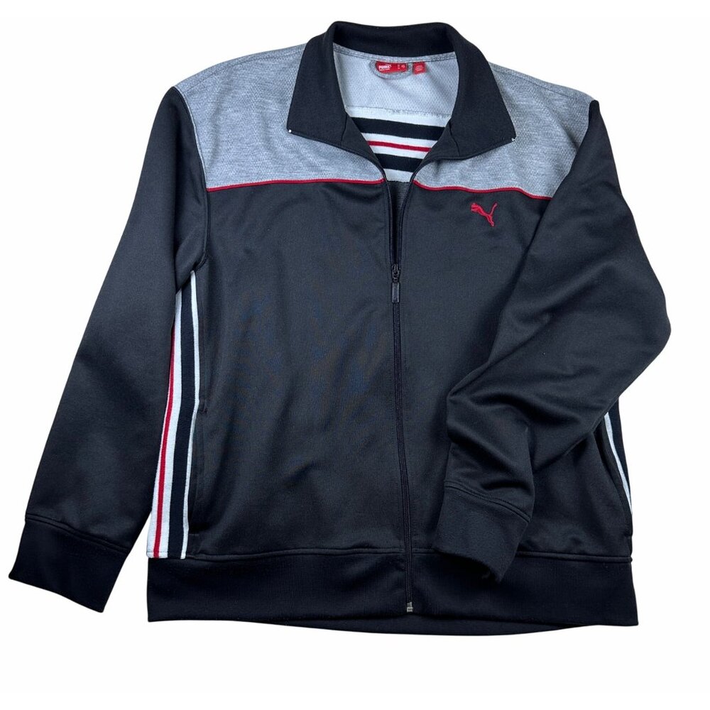 Puma Mens Full-Zip Track Jacket Black/Gray Red Striper Sz L Comfy Streetwear